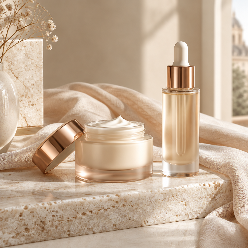 Anti-aging skincare cream and serum with rose gold accents on stone for mature skin routines.