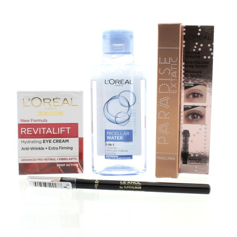 Eye Look Good Beauty Fix Set L'Oreal Paris: L'Oreal Paris, Cleansing, Micellar Water, For All Skin Types, 95 ml + Paradise Extatic, Volumizing, Mascara, Black, 6.4 ml + Le Khol By Superliner, Kohl Eyeliner, 101, Midnight Black, 1.2 g + Revitalift, Ant... - Beautyleader