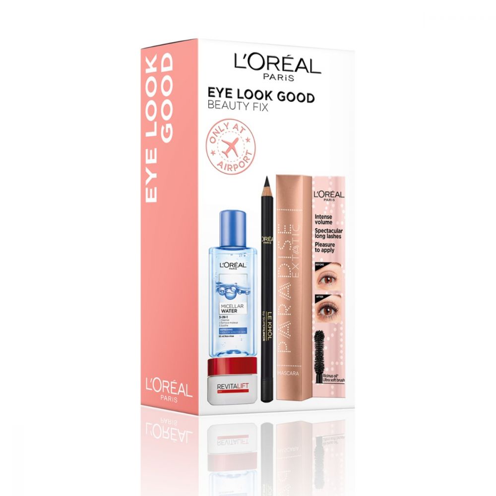 Eye Look Good Beauty Fix Set L'Oreal Paris: L'Oreal Paris, Cleansing, Micellar Water, For All Skin Types, 95 ml + Paradise Extatic, Volumizing, Mascara, Black, 6.4 ml + Le Khol By Superliner, Kohl Eyeliner, 101, Midnight Black, 1.2 g + Revitalift, Ant... - Beautyleader