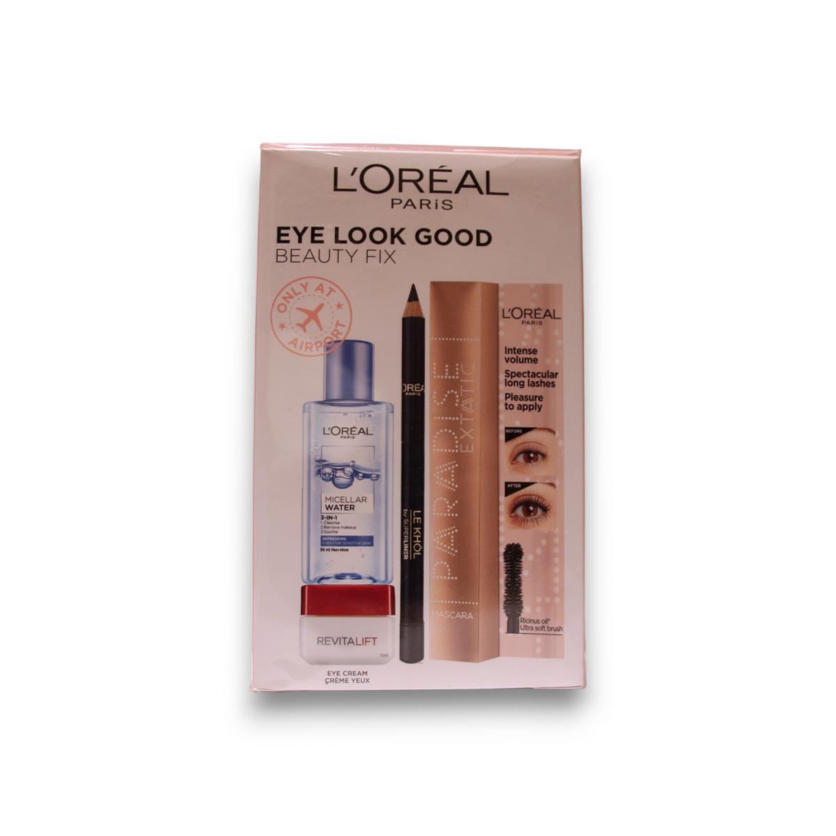 Eye Look Good Beauty Fix Set L'Oreal Paris: L'Oreal Paris, Cleansing, Micellar Water, For All Skin Types, 95 ml + Paradise Extatic, Volumizing, Mascara, Black, 6.4 ml + Le Khol By Superliner, Kohl Eyeliner, 101, Midnight Black, 1.2 g + Revitalift, Ant... - Beautyleader