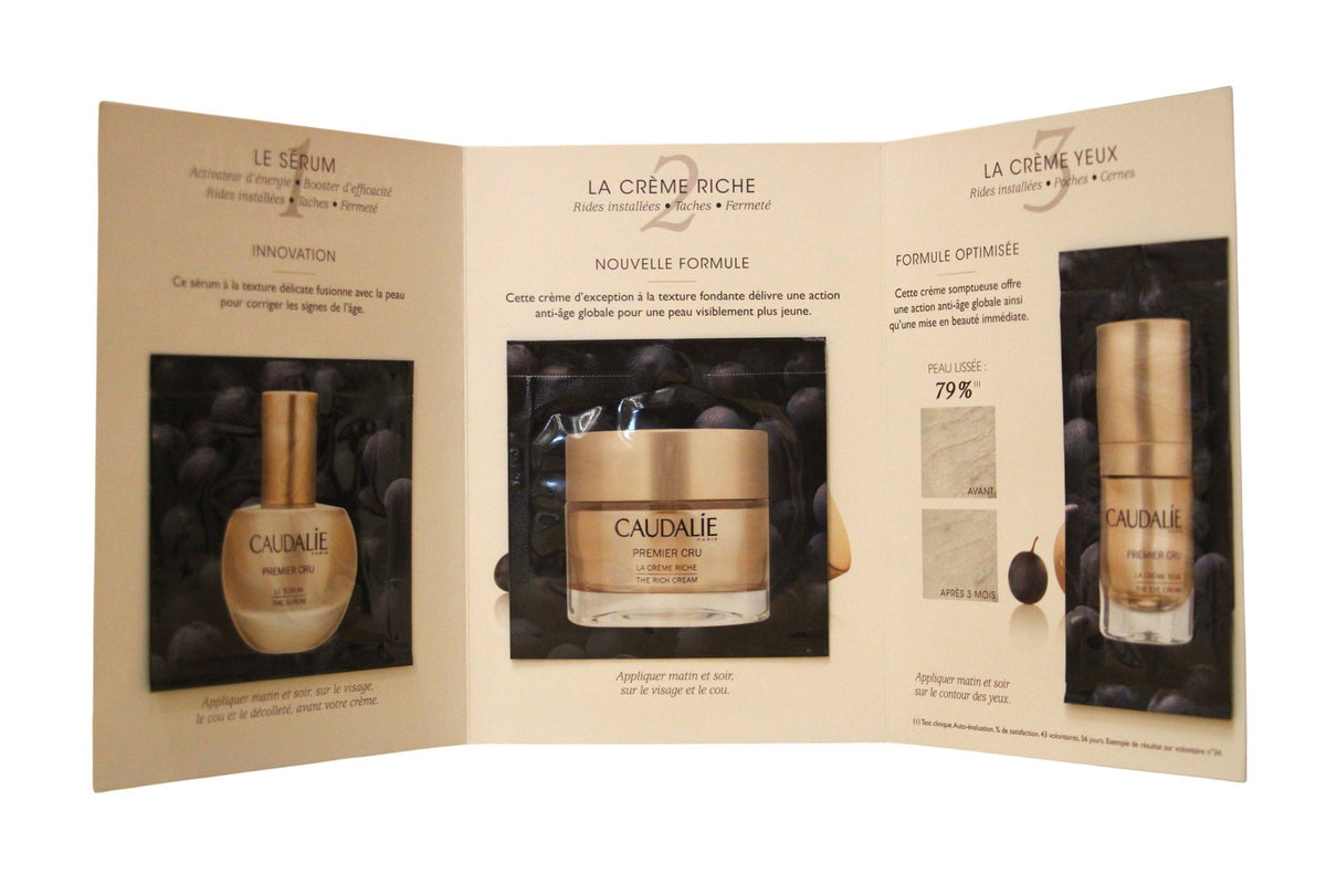 Set Caudalie: Premier Cru, Hyaluronic Acid, Hydrating, Day & Night, Cream, For Face, 2 ml *Sample + Premier Cru, Natural, Hydrating, Day & Night, Eye Cream, 1 ml *Sample + Premier Cru, Hyaluronic Acid, Anti-Ageing, Day & Night, Serum, For Face, 1 ml *S...