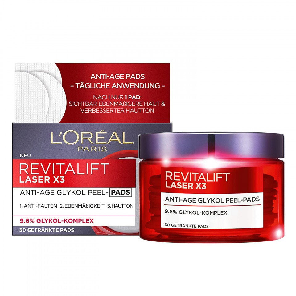 L'Oreal Paris, Revitalift Laser X3, Glykolsäure, Anti-Aging, Peel-Off Pads, 30 stk