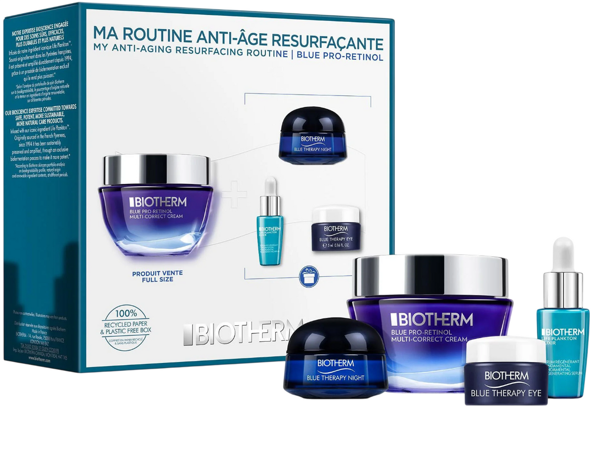 Set Biotherm: Blue Pro-Retinol, Multi Correcting, Cream, For Face, 50 ml + Life Plankton Elixir, Regenerating, Day & Night, Serum, For Face, 7 ml + Blue Therapy, Anti-Aging, Night, Cream, For Face, 15 ml + Blue Therapy, Anti-Ageing, Eye Cream, 15 ml - Beautyleader