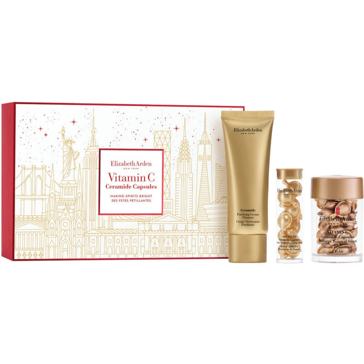 Set Elizabeth Arden: Ceramide, Eliminates Impurities, Cleansing Cream, 50 ml + Ceramide, Vitamin C, Brightening, Serum Capsules, For Face, 30 pcs + Ceramide, Hyaluronic & Ceramides Acid, Moisturizing, Serum Capsules, Face, 14 pcs